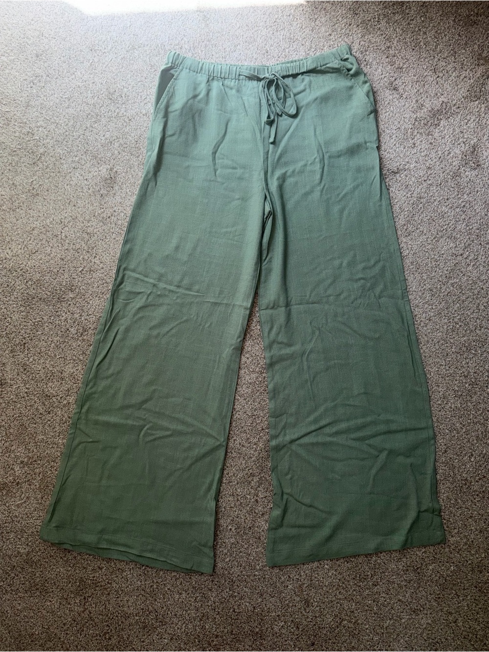Wide-Leg Drawstring Linen Pants in Sage Green
